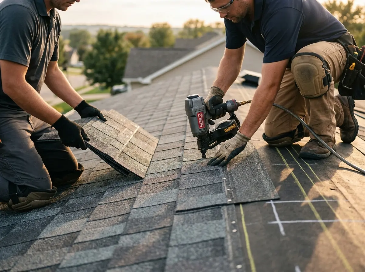 Professional roofer working on a residential roof in Fish Hawk